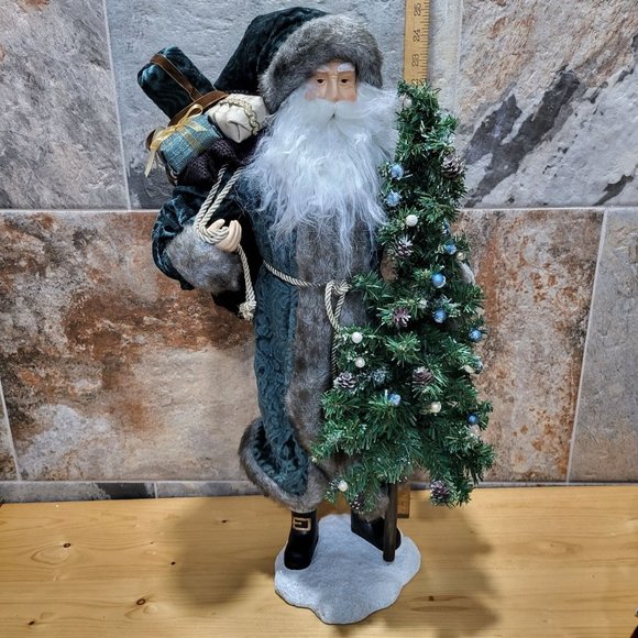 Santa Claus Figurine Ceramic Base Christmas Tree Sack of Gifts Blue Velvet Coat - Picture 7 of 13